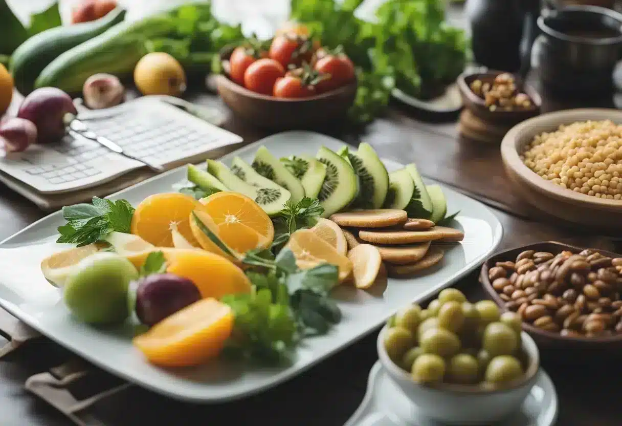 A table with a variety of healthy foods and a calendar showing fasting days