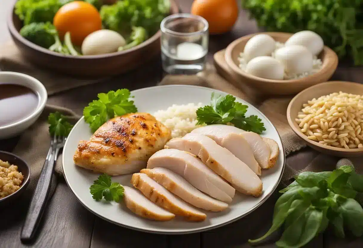A plate with a cooked chicken breast, a measuring scale, and a nutrition label showing the calorie count