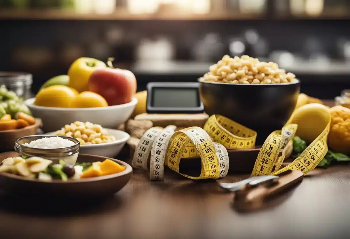 A table with a variety of high-calorie foods, a scale, and a tape measure
