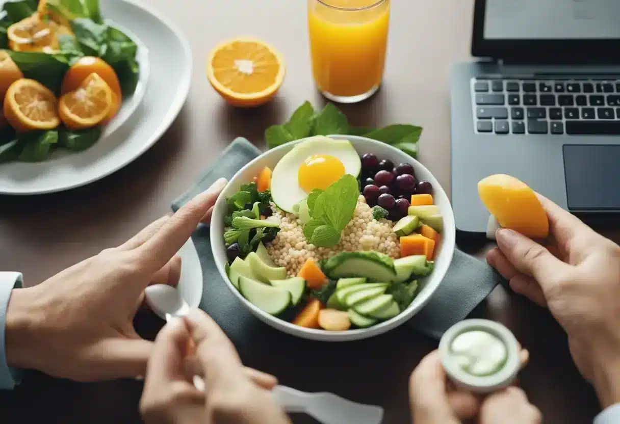 A table set with a variety of healthy, high-calorie foods and drinks. A nutritionist or dietitian explaining the meal plan to a client