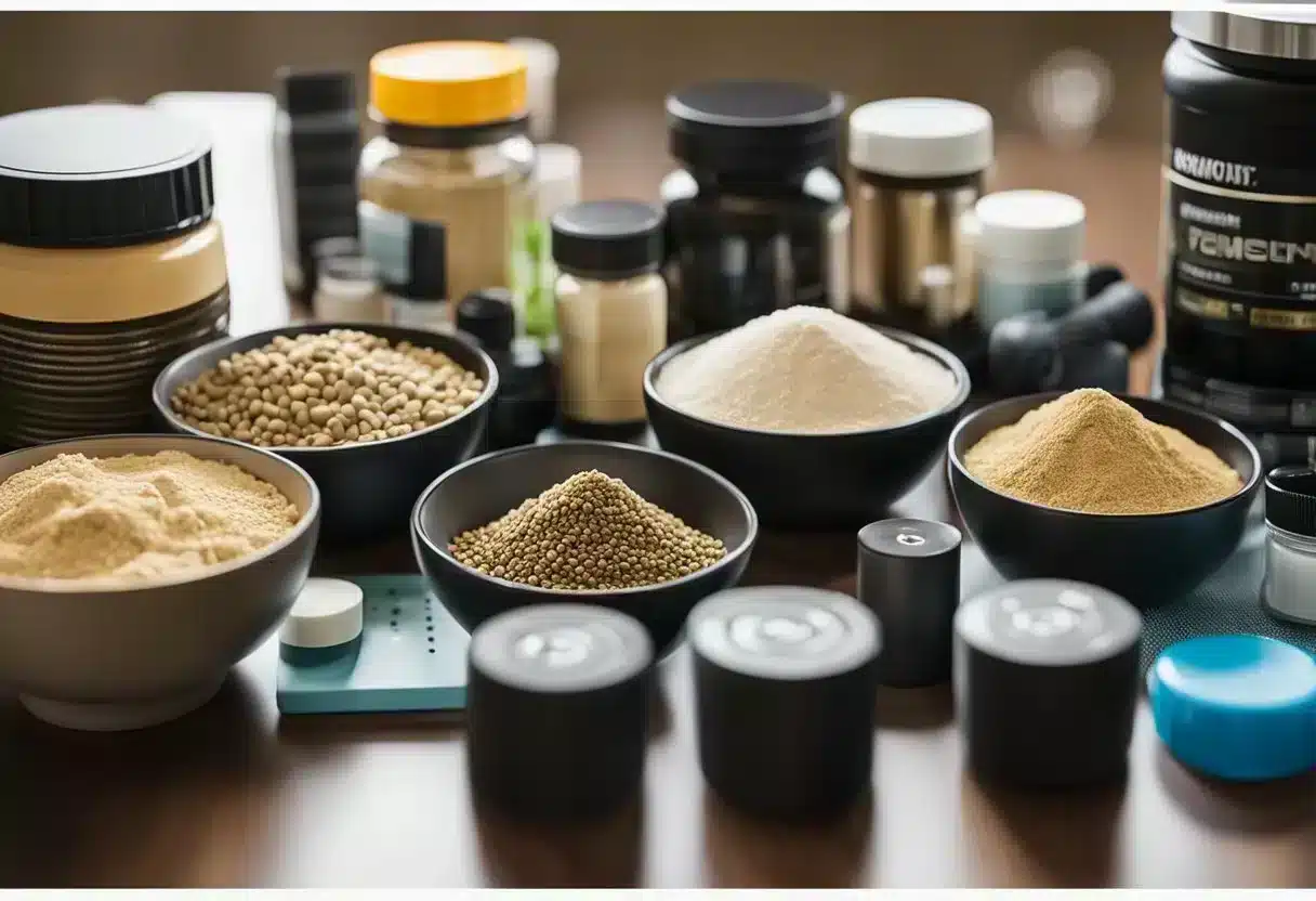 A table filled with various supplements and protein powders, surrounded by weightlifting equipment and a scale