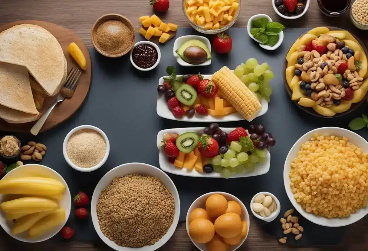 A table with unhealthy food options on one side and a variety of nutritious foods on the other. A scale to represent weight gain and a person exercising to promote healthy weight gain