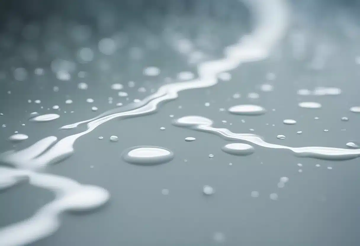 Thick white discharge oozing from a narrow opening, pooling on a smooth surface