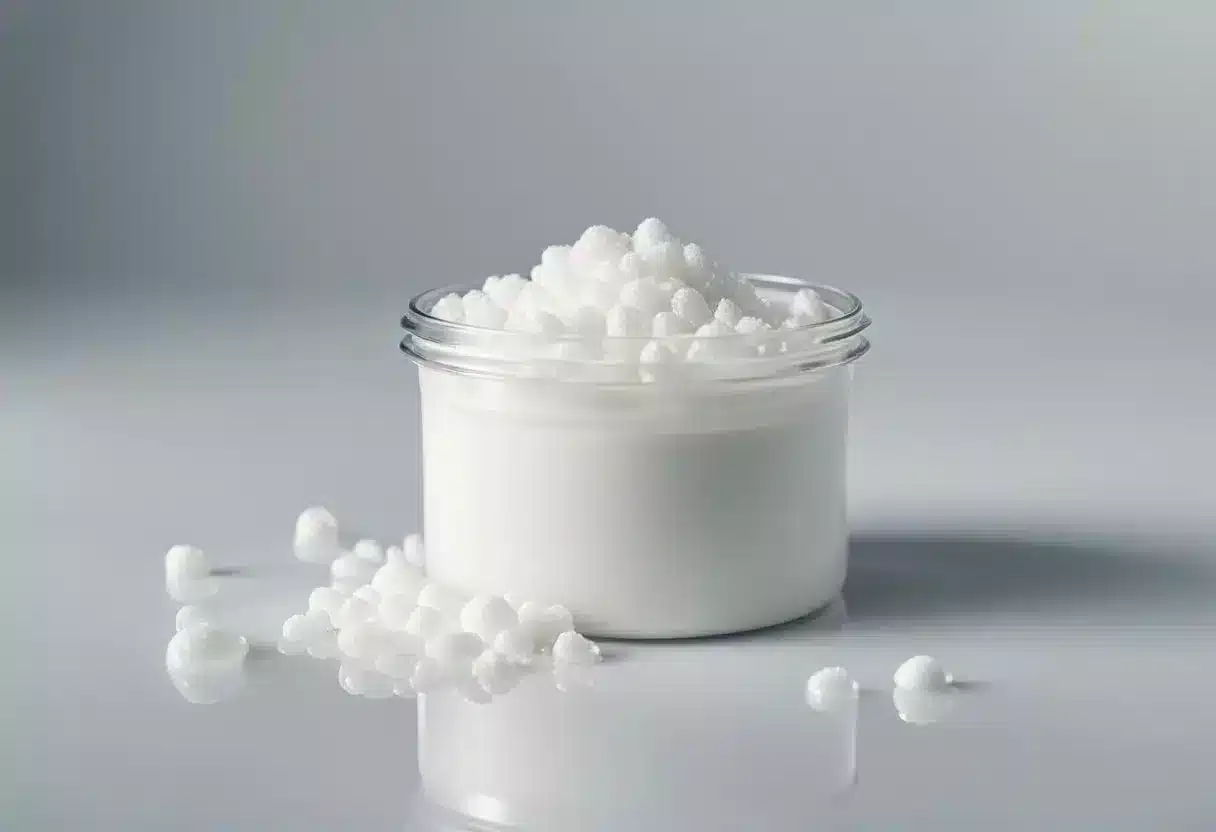 A thick white substance oozes from a container, forming a creamy pool on a smooth surface