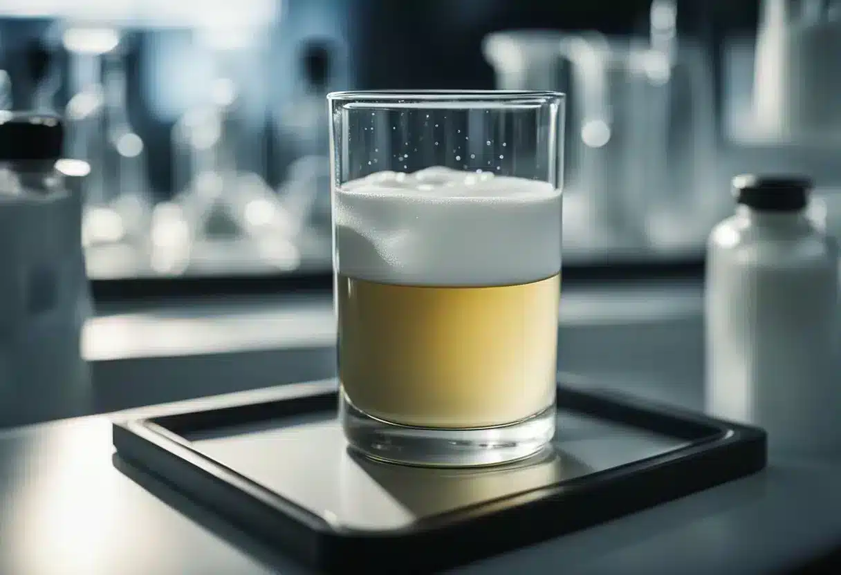 A clear glass beaker filled with a viscous, opaque white liquid, resting on a laboratory bench