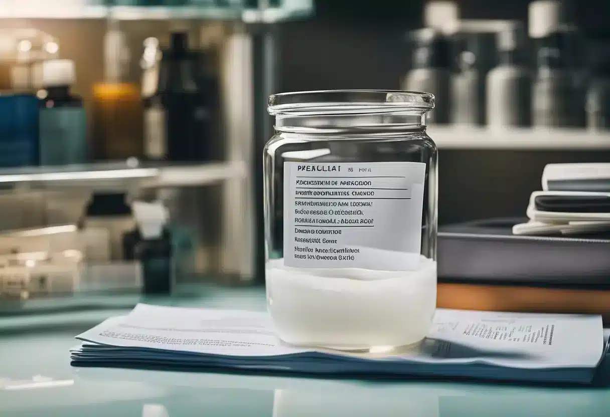 A clear glass filled with thick white liquid, surrounded by various medical supplies and informational pamphlets on sexual health