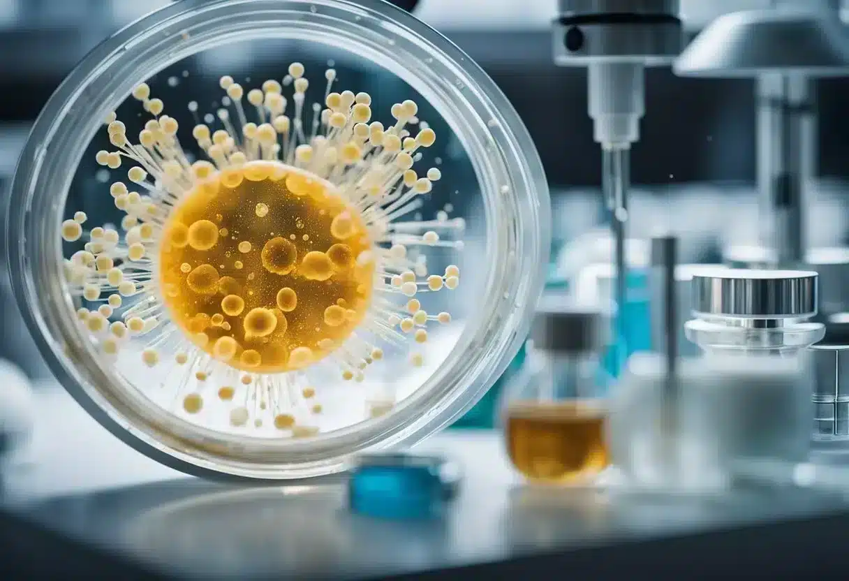 A petri dish with a thick, white substance oozing out, surrounded by scientific equipment and tools