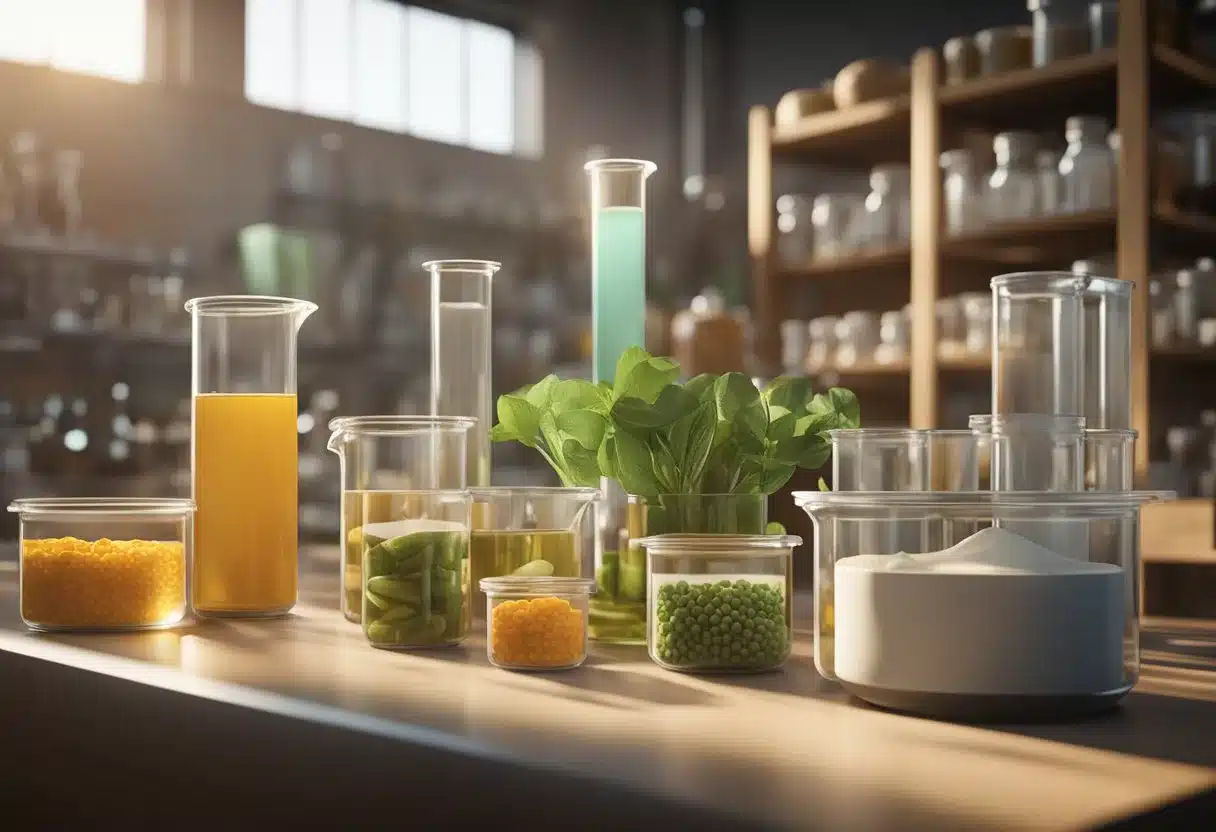 A lab table with beakers, test tubes, and various food items rich in Vitamin D. Research papers and charts in the background