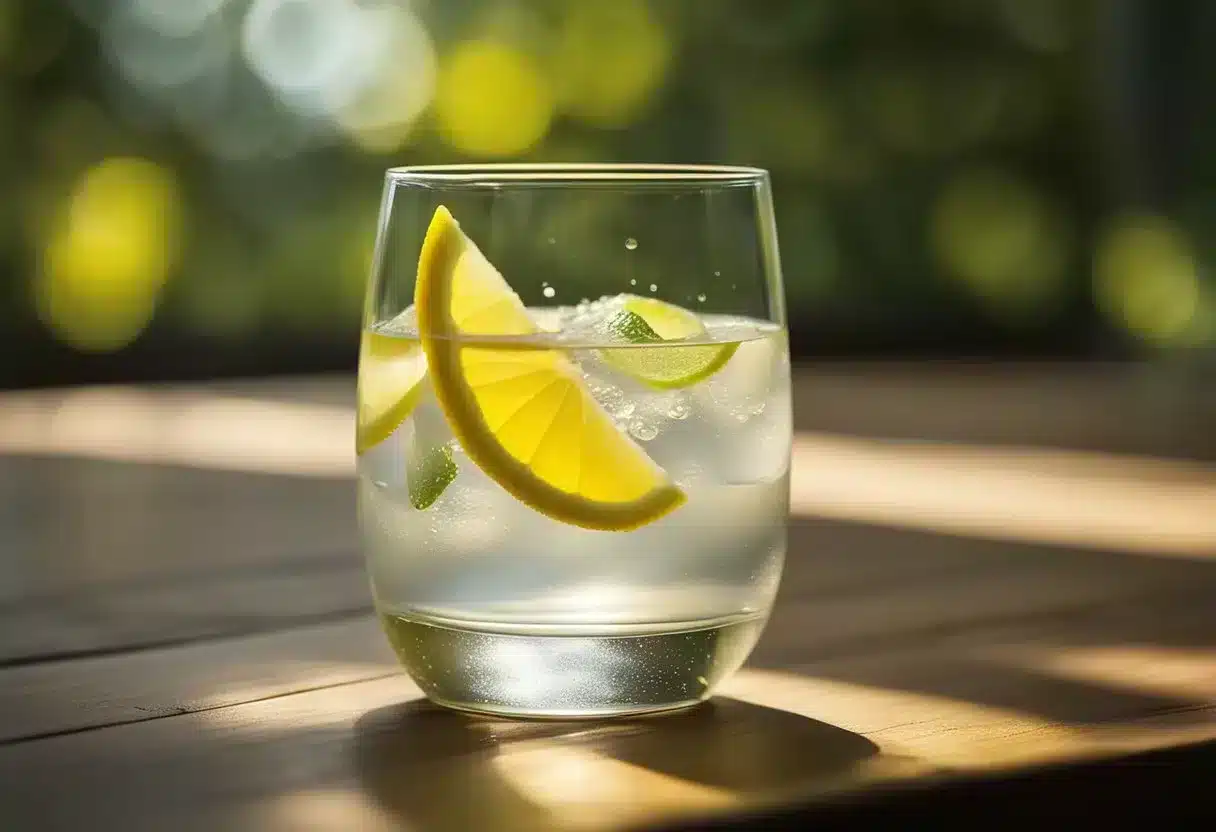A glass of lemon water sits on a wooden table, condensation forming on the outside. The bright yellow color of the liquid is illuminated by the sunlight streaming through a nearby window