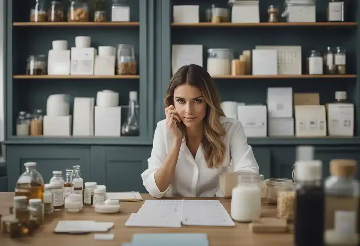 A woman holding a calendar, looking concerned. She is surrounded by various remedies and methods for inducing a period
