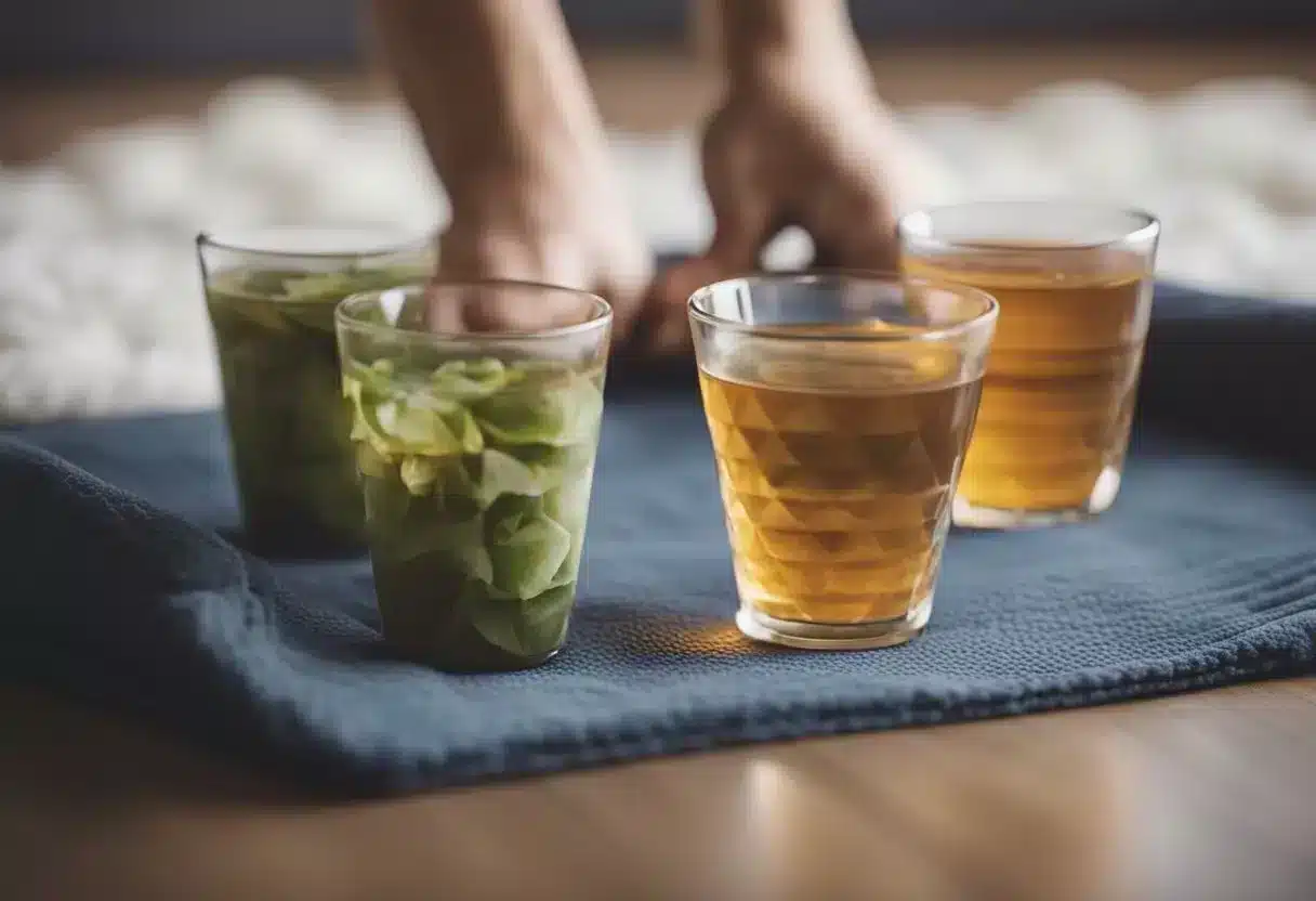 A person holding a heating pad to their lower abdomen, drinking herbal tea, and practicing gentle yoga poses to induce period