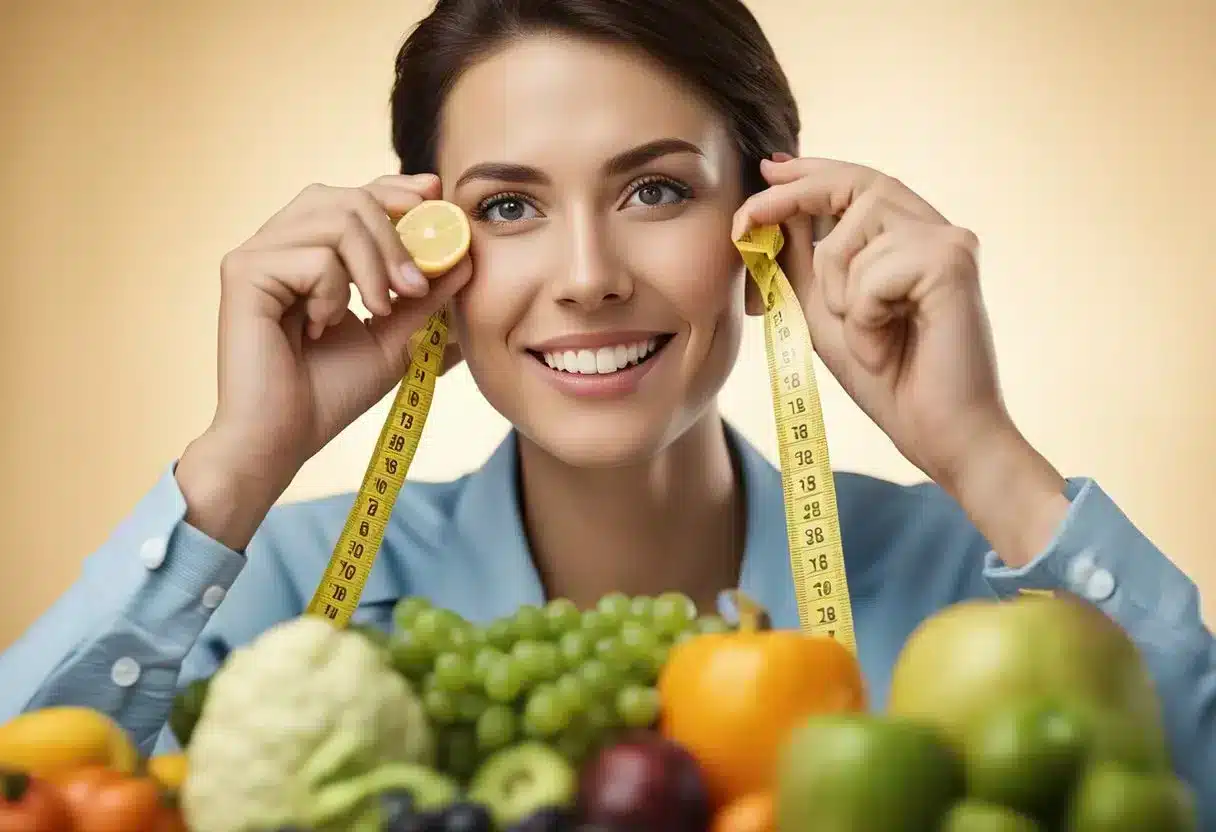 A person doing facial exercises, holding a tape measure to their face, with healthy food and water nearby