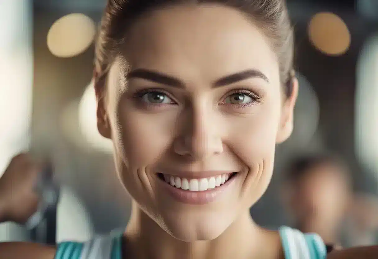 A person following a healthy diet and exercising, with a focus on facial exercises, to reduce face fat