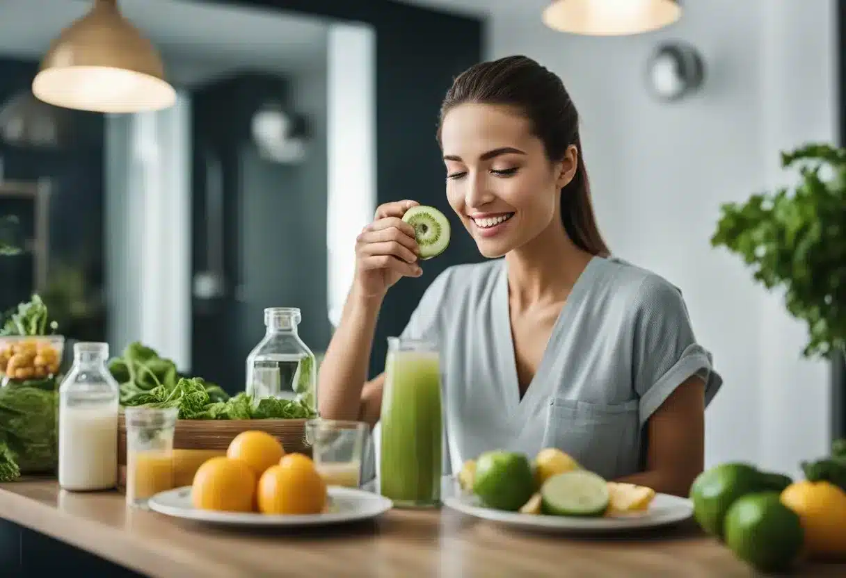 A person doing facial exercises, surrounded by healthy food and water, with a measuring tape and a mirror nearby