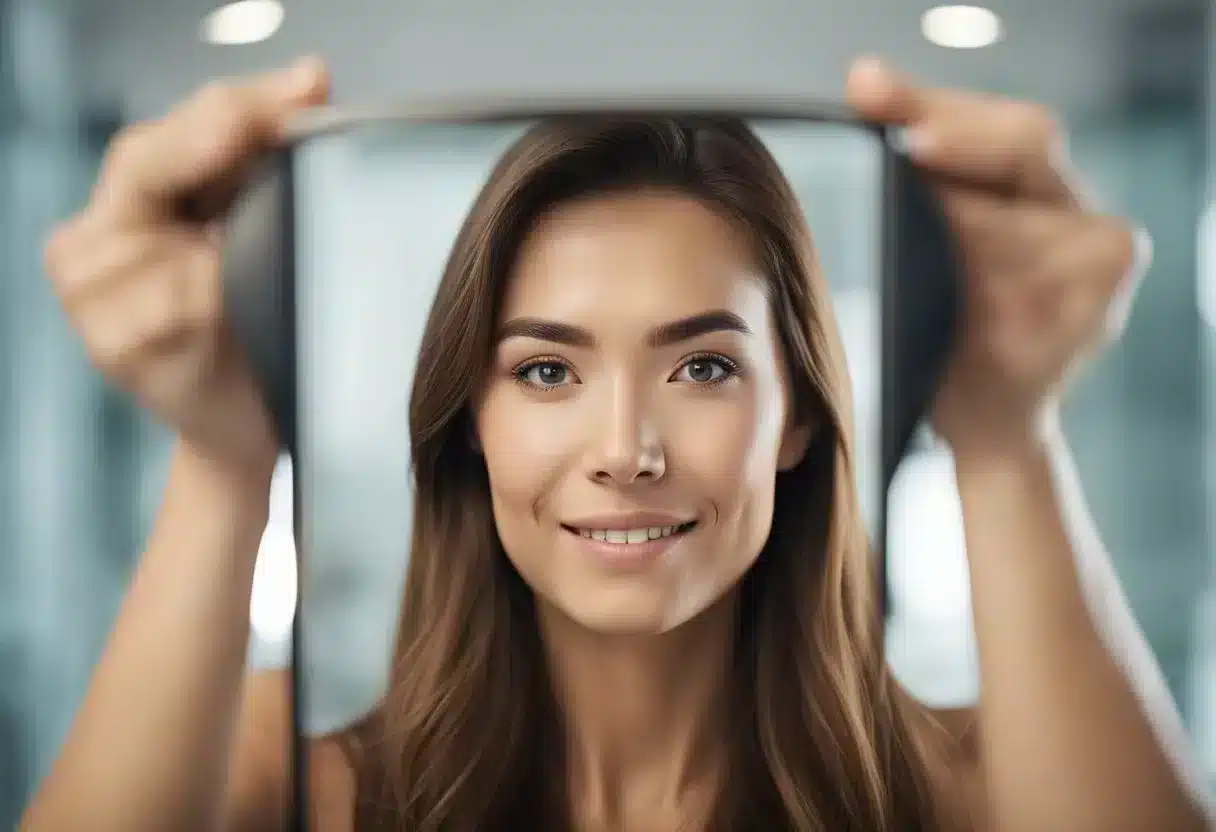A person doing facial exercises, with a focus on reducing face fat, using a mirror for guidance