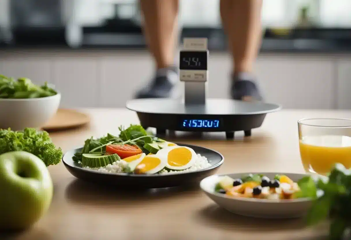 A balanced plate with healthy food, a scale tipping towards "calorie deficit," and a person exercising