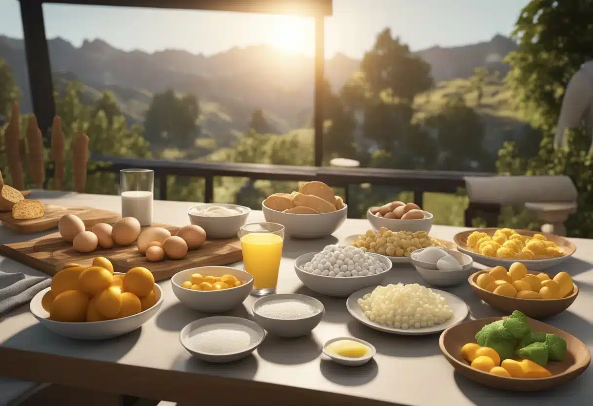 A table with various foods rich in Vitamin D, such as fatty fish, eggs, and fortified dairy products. A sun symbol in the background to represent the sun's role in vitamin D synthesis