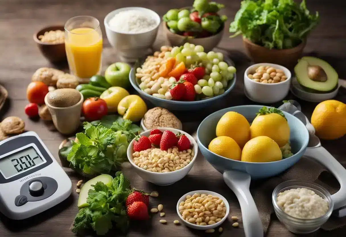 A table with various healthy food items and a measuring scale to represent portion control in a calorie deficit