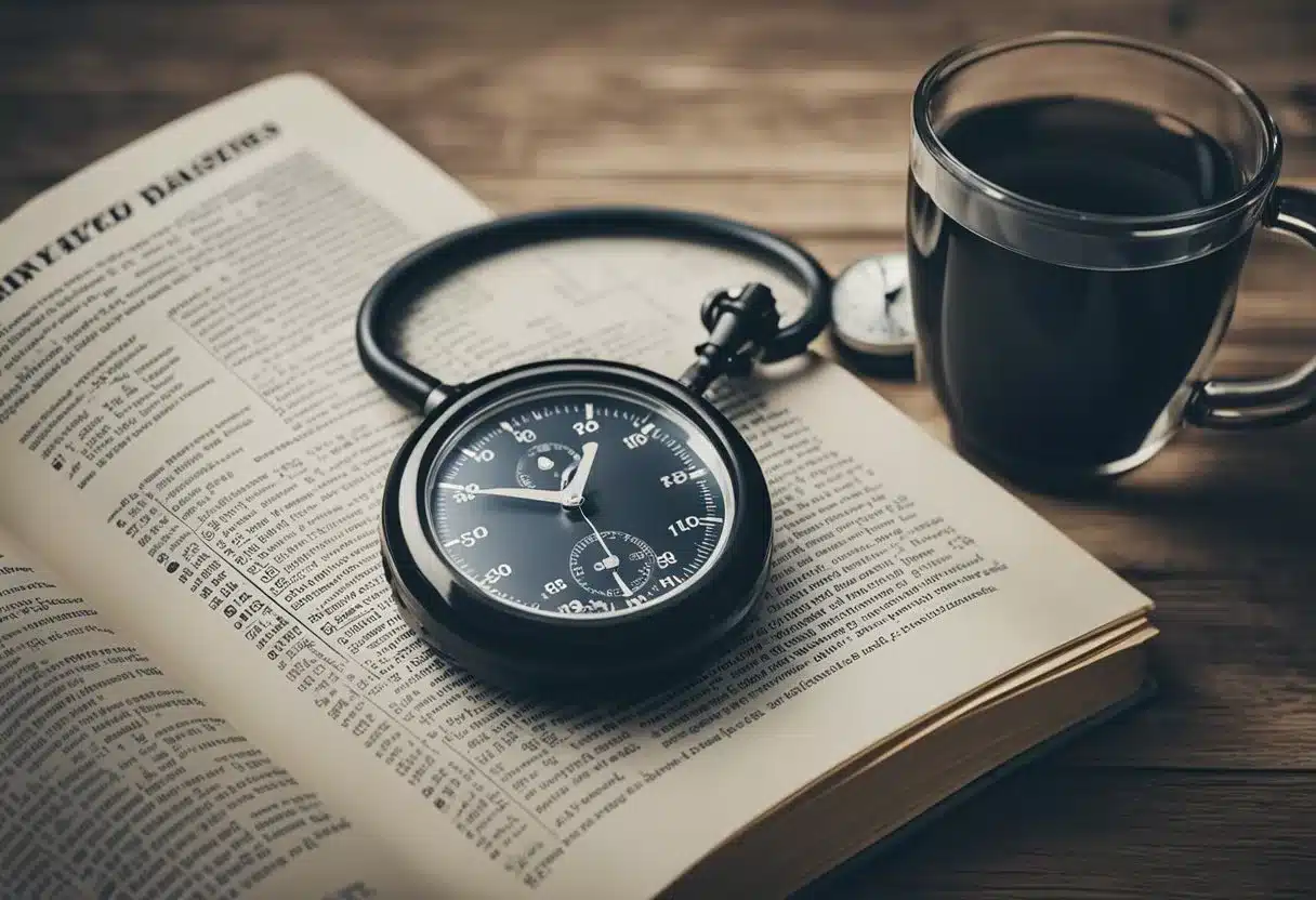 A stack of FAQ pages on water fasting, with a glass of water and a stopwatch beside it