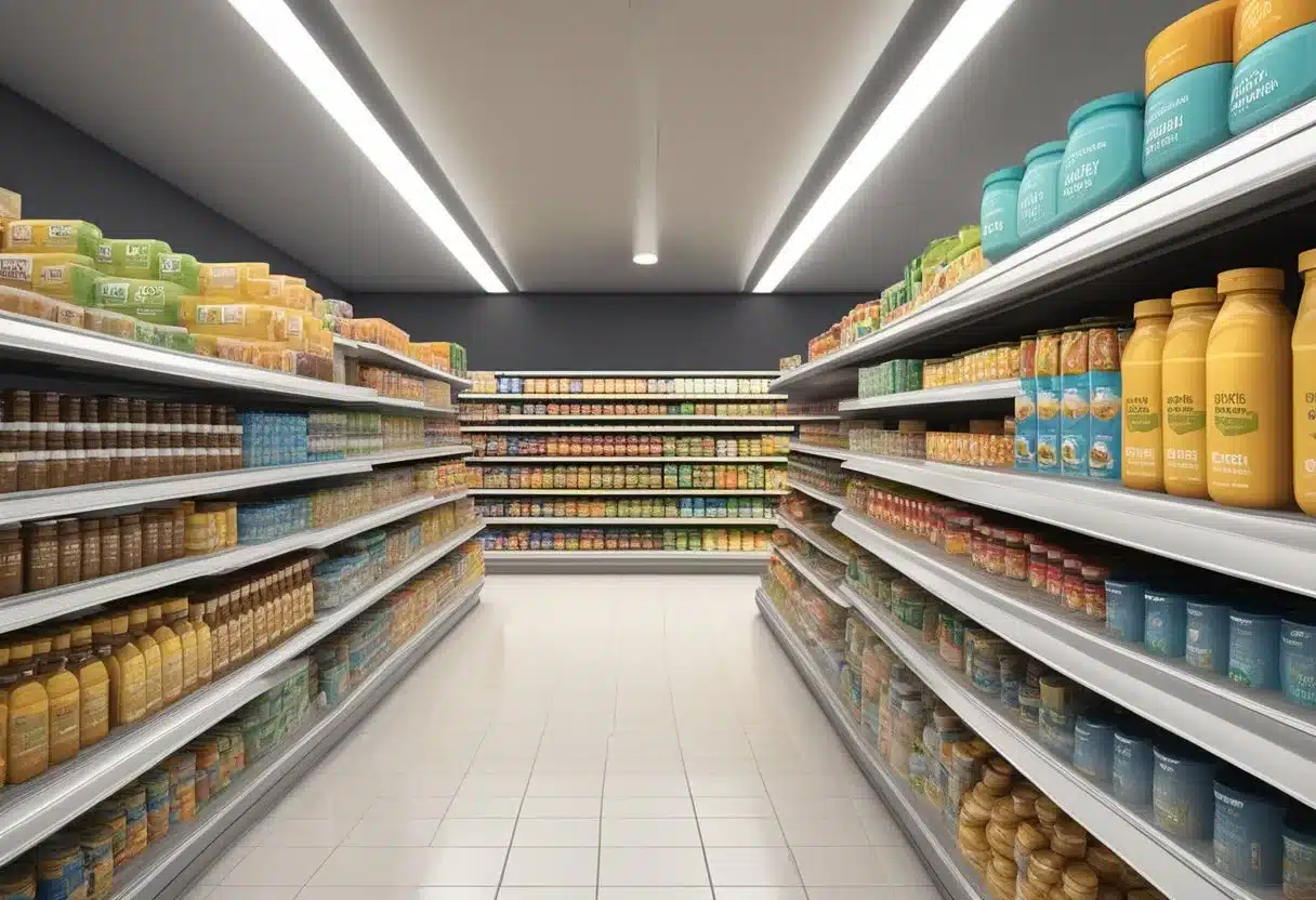 A variety of fortified foods and supplements containing Vitamin D displayed on shelves in a well-lit grocery store aisle