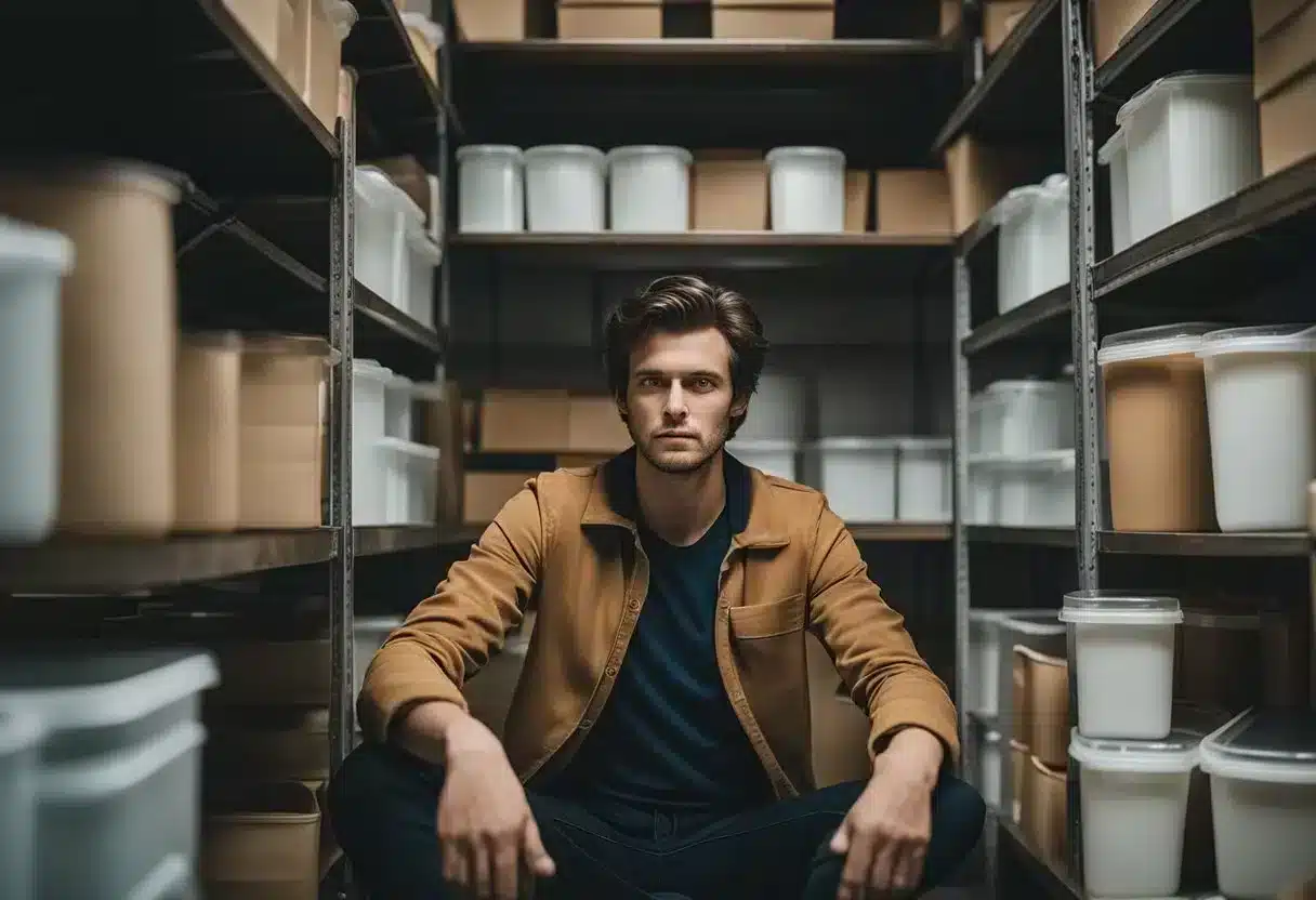 A person sitting alone, surrounded by empty food containers, with a conflicted expression on their face. The room is quiet and still, with a sense of isolation and introspection