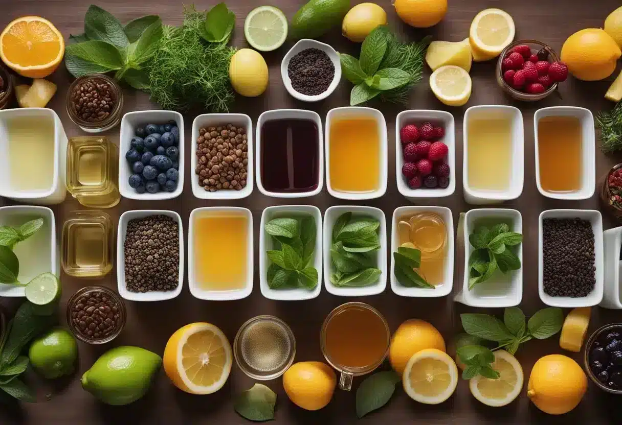 A variety of non-water liquids, such as herbal teas, vegetable broth, and fruit juices, displayed on a table