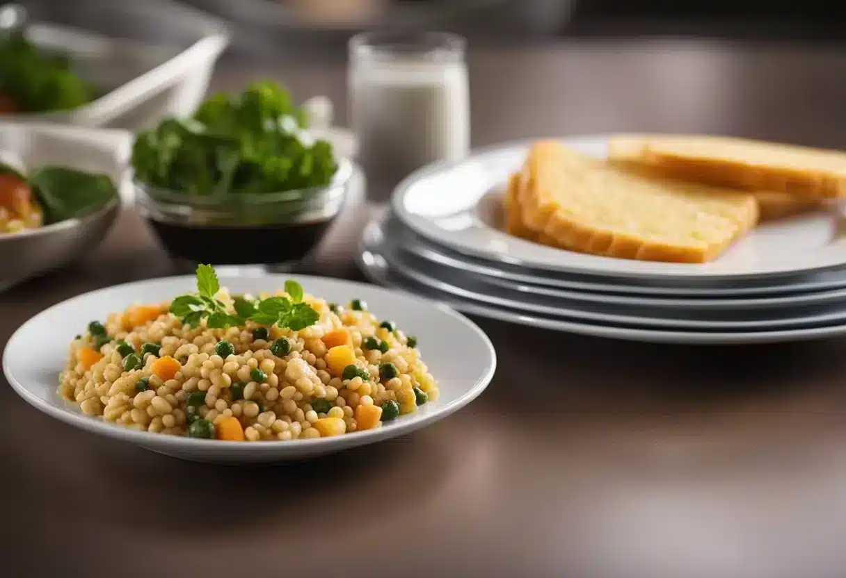 A plate with a small portion of food next to a plate with a large portion of the same food. A measuring cup or scale could be included for emphasis