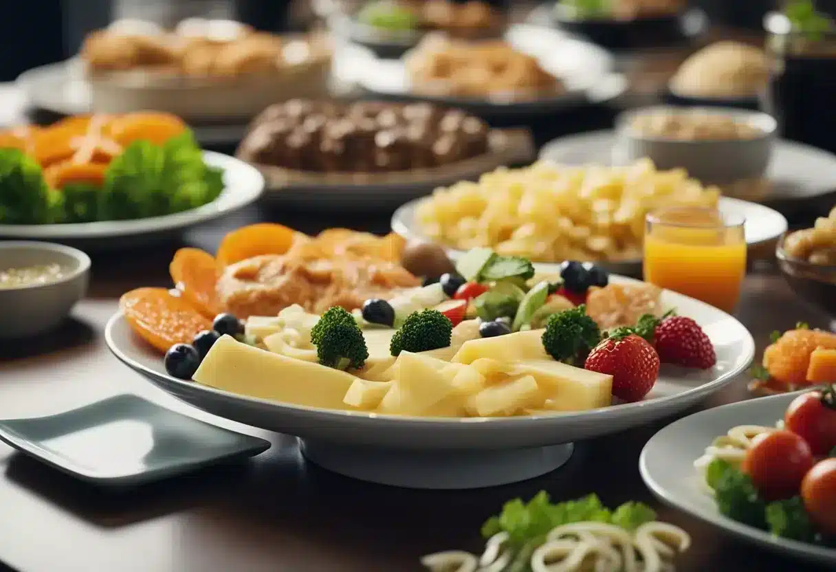 A plate overflowing with oversized food portions, next to a tiny plate with appropriate portion sizes=