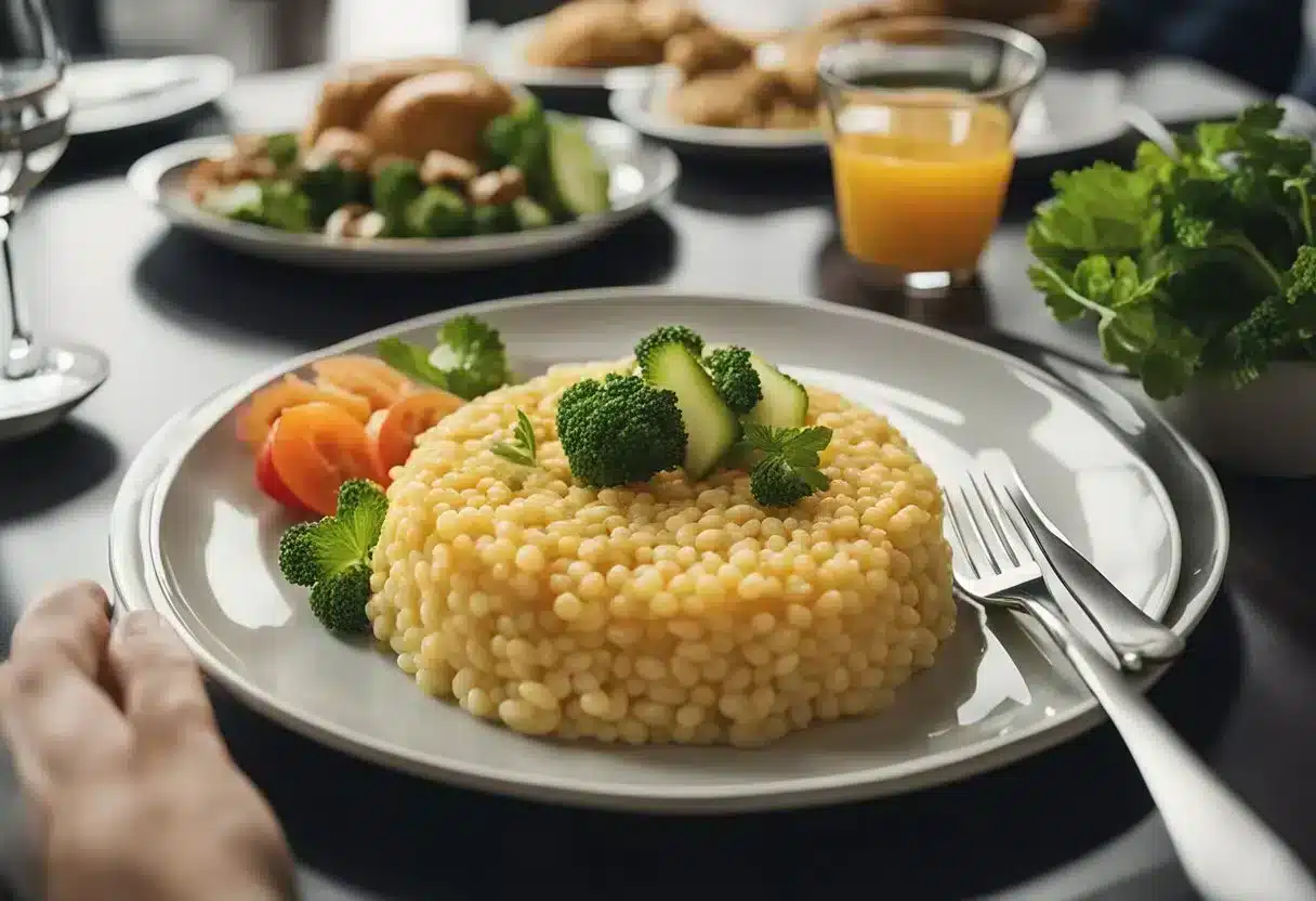 A plate with exaggeratedly large portions of food next to a smaller plate with appropriate portions, illustrating portion distortion