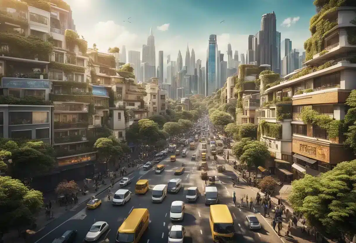 A crowded city street with oversized food portions towering over buildings, while nature and wildlife struggle to coexist in the background