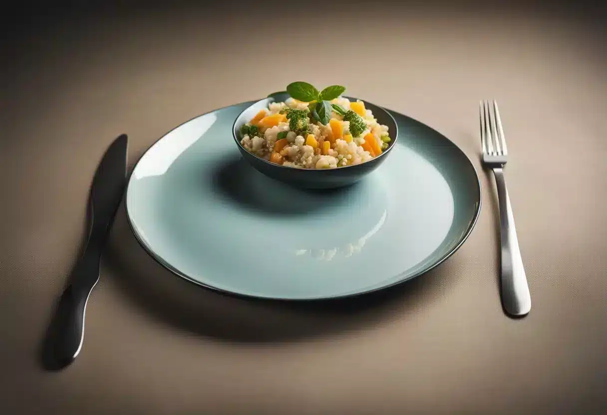 A plate with a small portion next to a larger portion, with clear size difference. No humans or body parts included