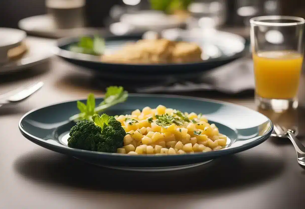 A plate with a small portion and a larger portion of the same food, with a label indicating "portion" and "serving" respectively