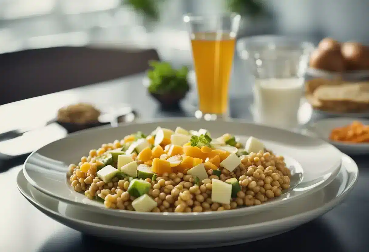A large plate overflowing with food next to a smaller, properly portioned plate, with a measuring cup and nutrition label in the background