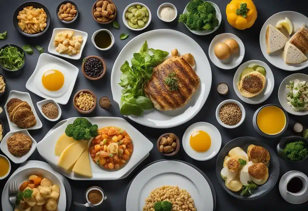 A plate with various food items, each portioned differently to show the contrast in serving sizes=