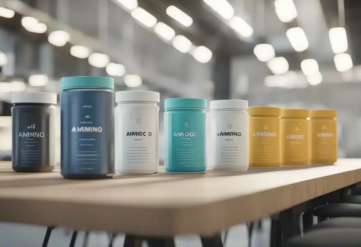 Amino acid supplements lined up on a table, with a list of pros and cons written next to them