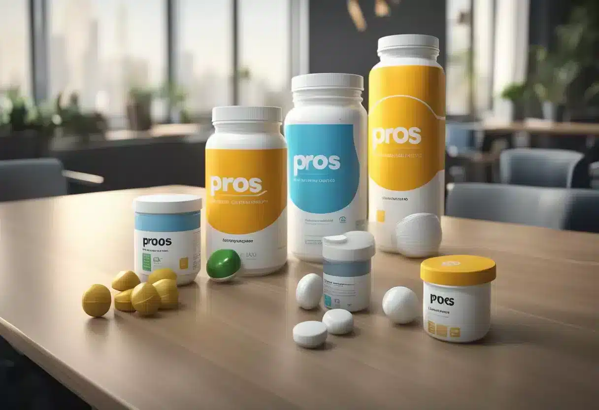 A table with two columns labeled "Pros" and "Cons" filled with various amino acid supplements