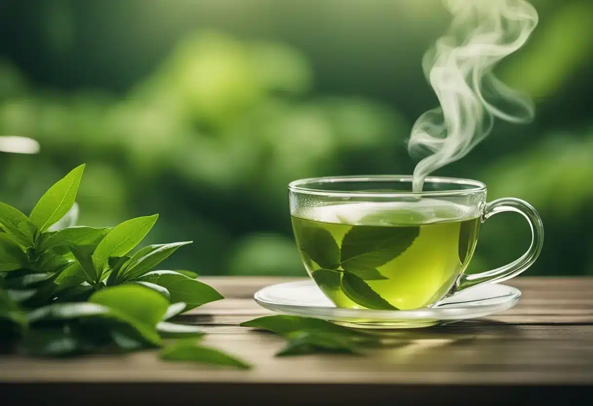 green tea benefits - Preventive Medicine Daily A steaming cup of green tea surrounded by fresh tea leaves and a backdrop of lush greenery