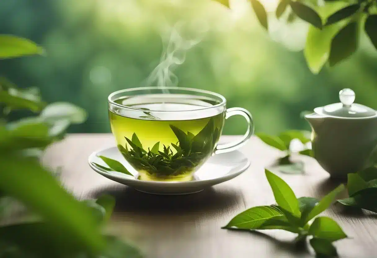 image-306 - Preventive Medicine Daily A steaming cup of green tea surrounded by fresh tea leaves, with a backdrop of a serene and natural setting