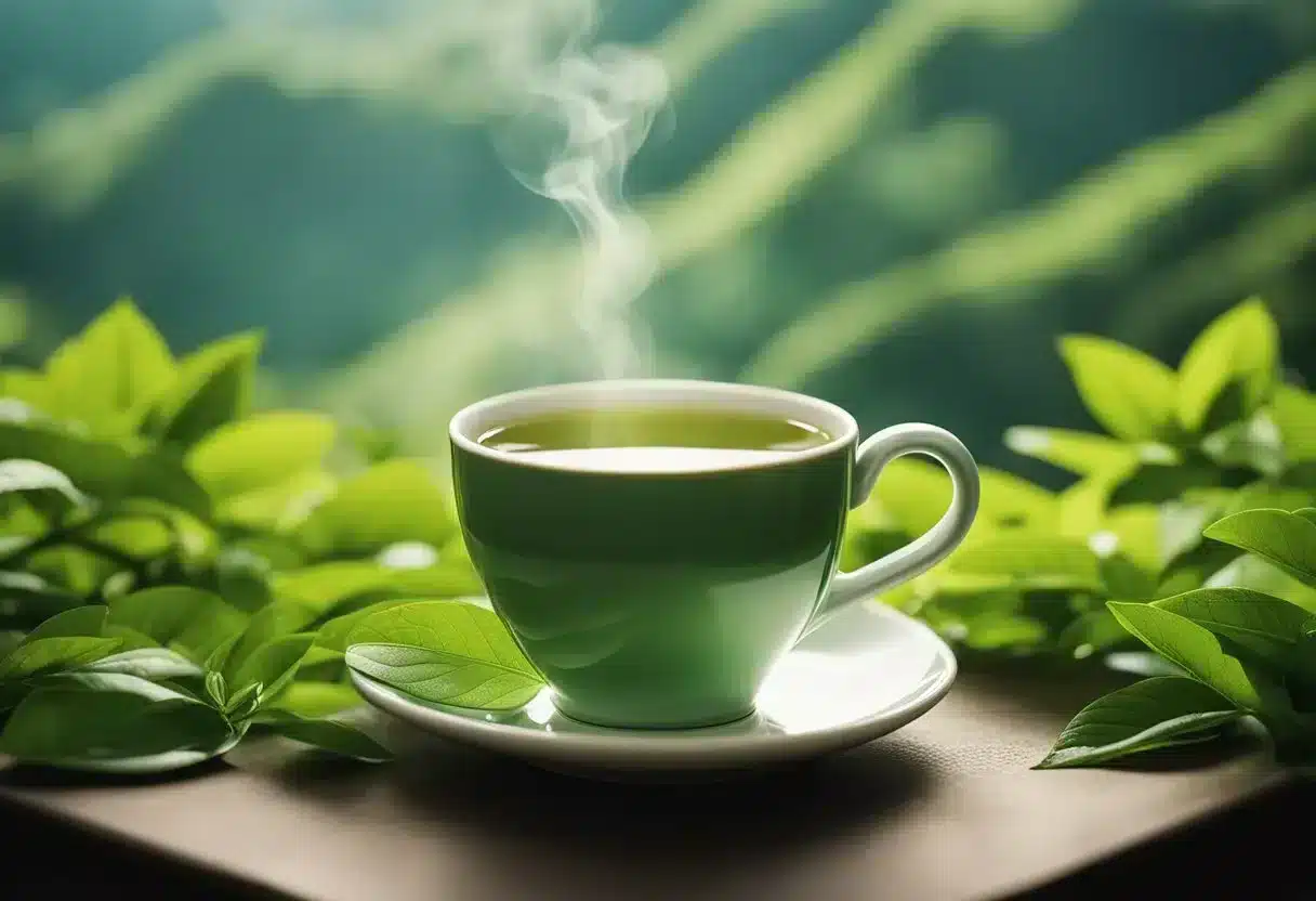 image-307 - Preventive Medicine Daily A steaming cup of green tea surrounded by fresh tea leaves and a backdrop of lush greenery