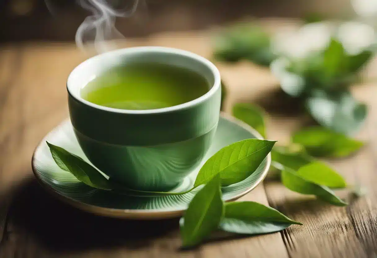 image-308 - Preventive Medicine Daily A steaming cup of green tea surrounded by fresh tea leaves and a serene natural setting