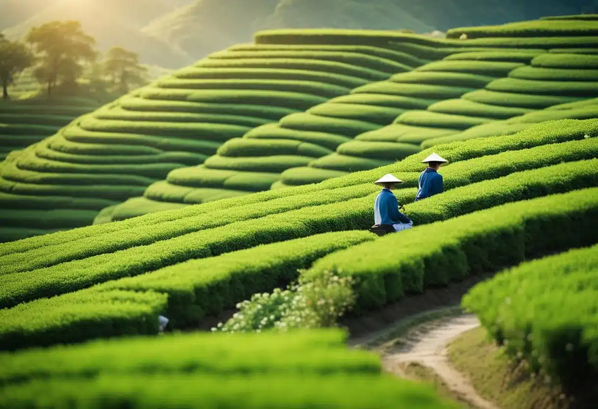 image-309 - Preventive Medicine Daily A serene tea plantation with lush green fields, traditional Japanese tea houses, and people peacefully harvesting and processing green tea leaves
