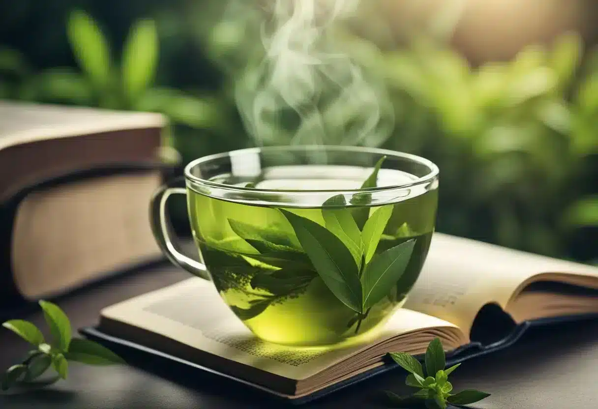 image-310 - Preventive Medicine Daily A steaming cup of green tea surrounded by fresh tea leaves, with a book on the side