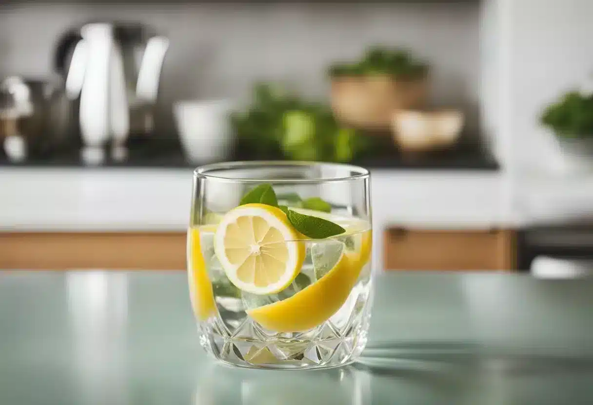A clear glass of water with lemon slices and a bowl of fresh fruits on a table in a bright, airy kitchen