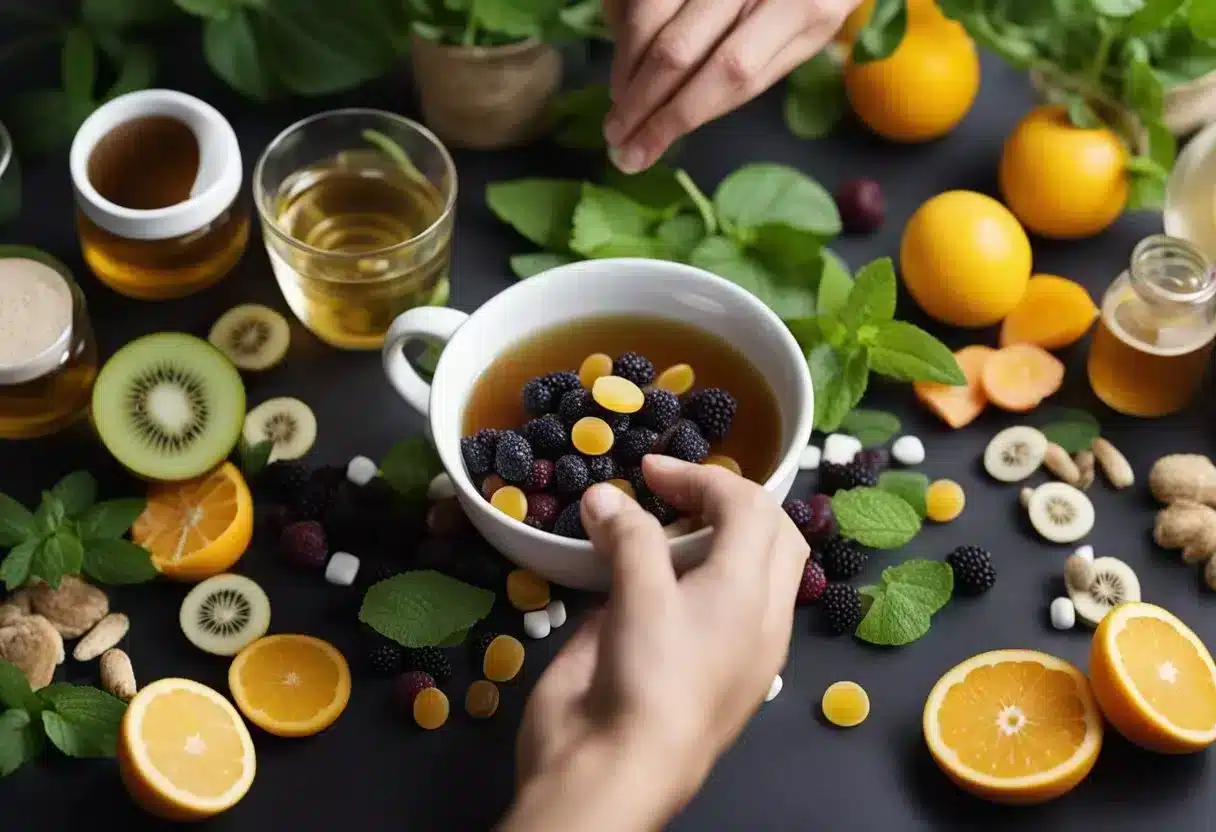 A table with various detox supplements, herbal teas, and fruit slices. A person's hand reaching for a bottle of detox pills