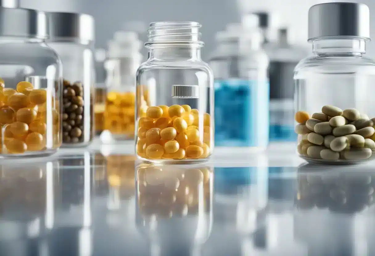 Various vitamins and supplements arranged on a clean, white surface with labels visible. A glass of water nearby