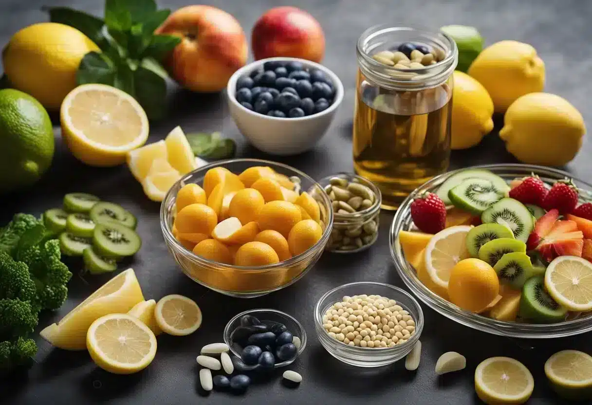 A table with various vitamins and supplements arranged neatly, surrounded by fresh fruits and vegetables. A glass of water with lemon slices sits nearby