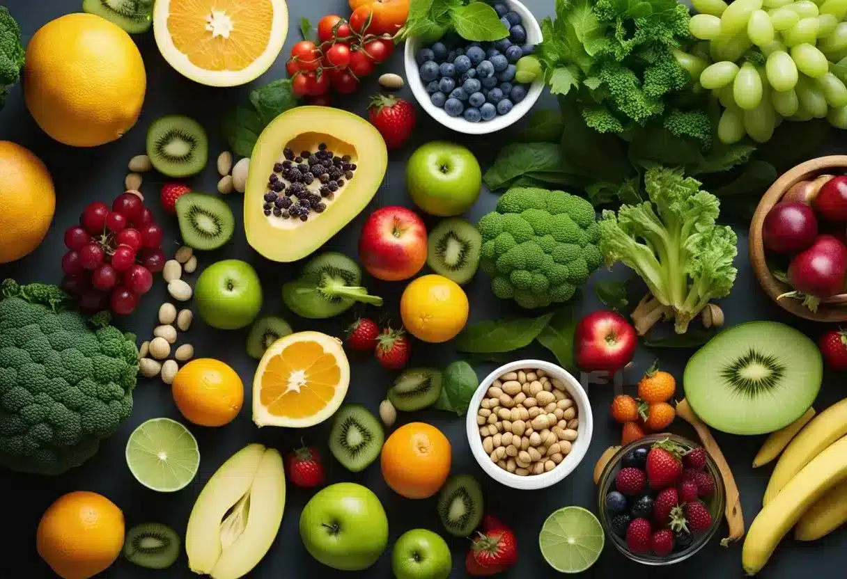 A serene, nature-filled scene with a variety of fresh fruits, vegetables, and natural supplements arranged in a balanced and harmonious display