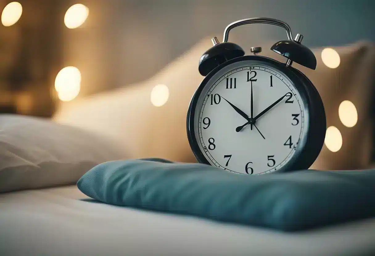 A clock ticking slowly as a couple lies in bed, surrounded by calming colors and soft lighting, creating a peaceful and relaxed atmosphere