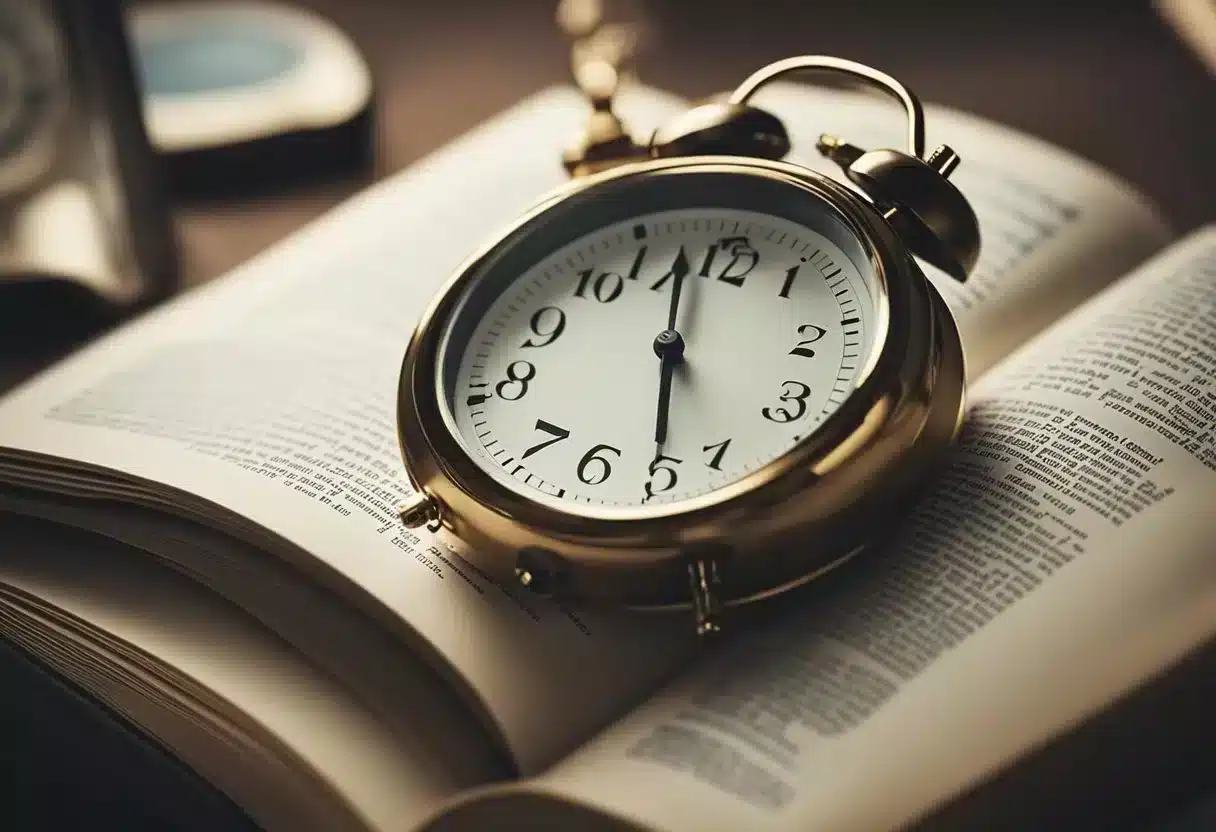 A clock showing extended time passing with a bed and a book on sexual health in the background