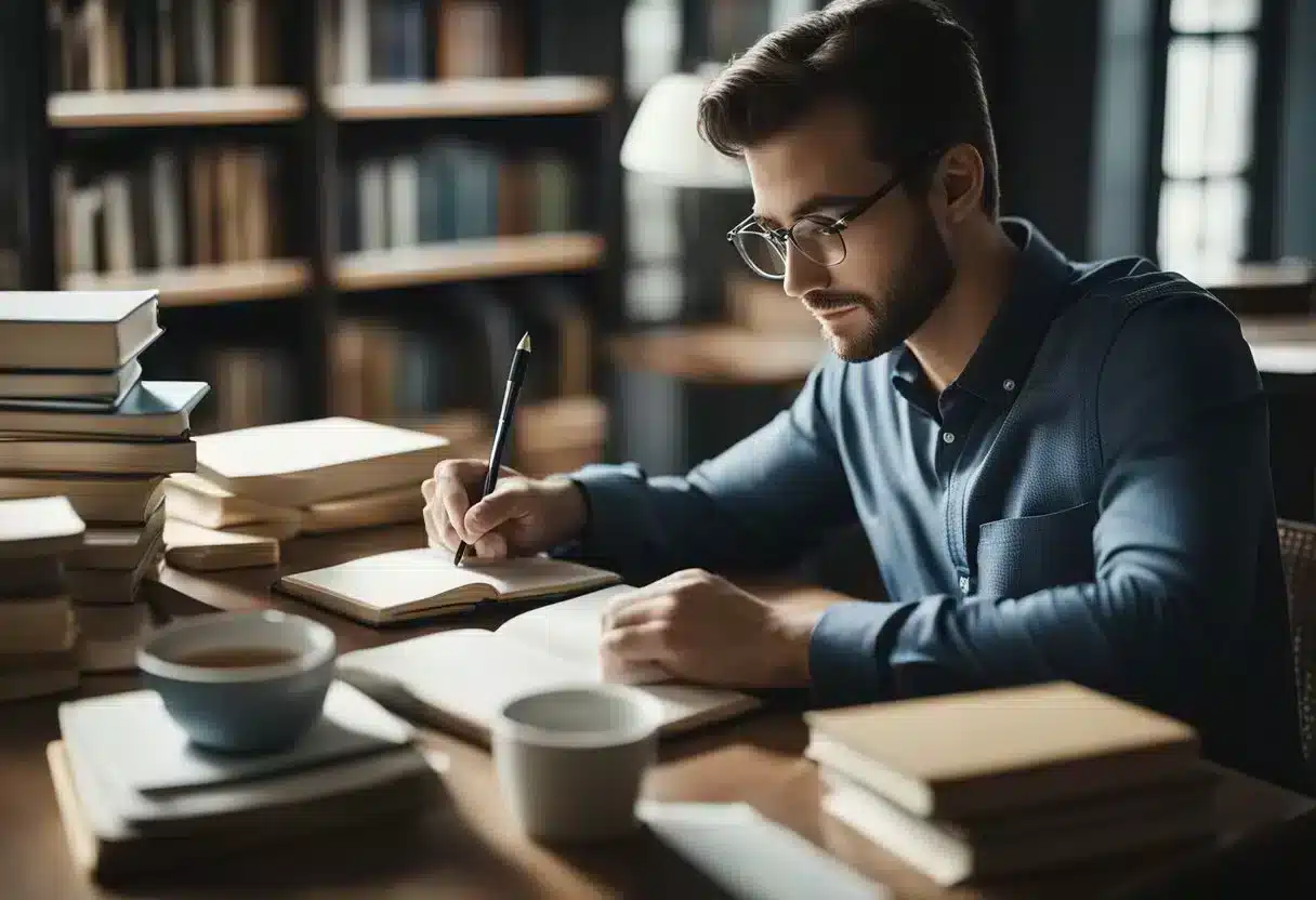 A person sitting at a desk, writing in a notebook with a thoughtful expression, surrounded by books and research materials